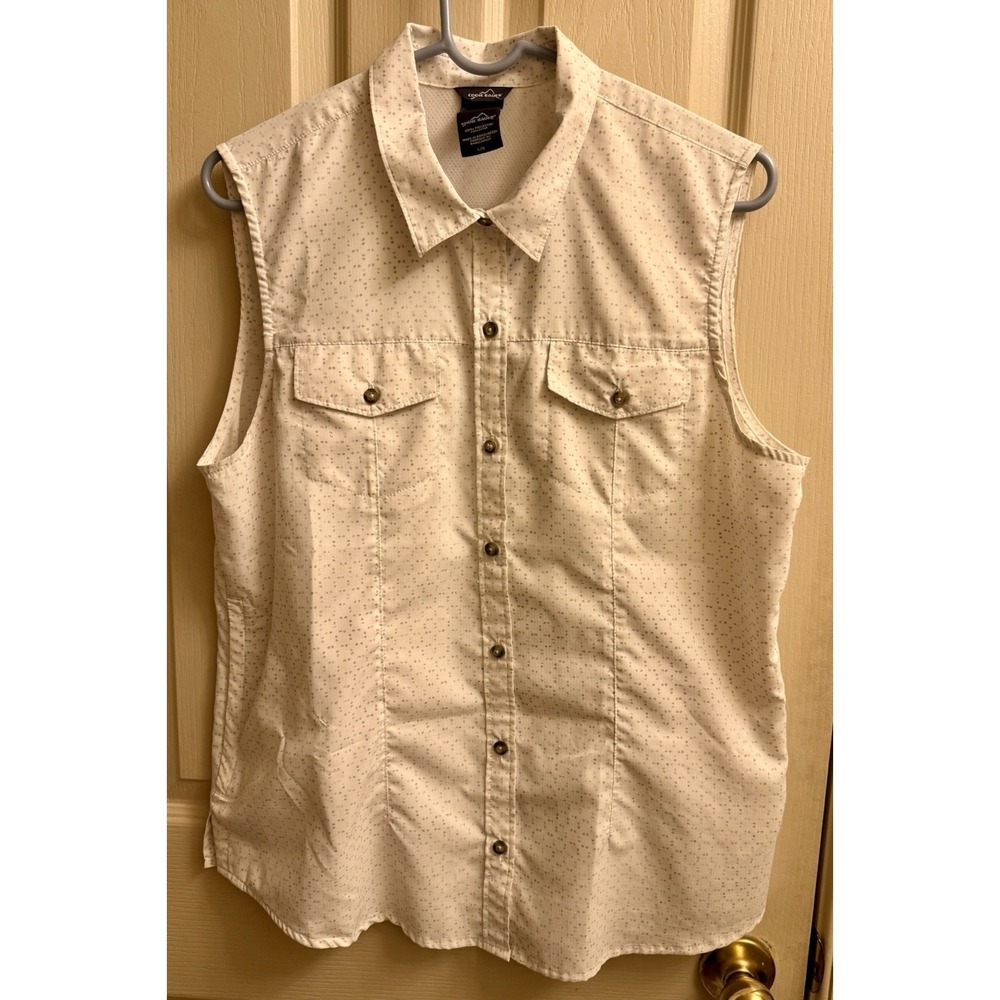 Eddie Bauer Women's SZ Large Sleeveless Button-Down‎ Zipper Side Pocket White/gr